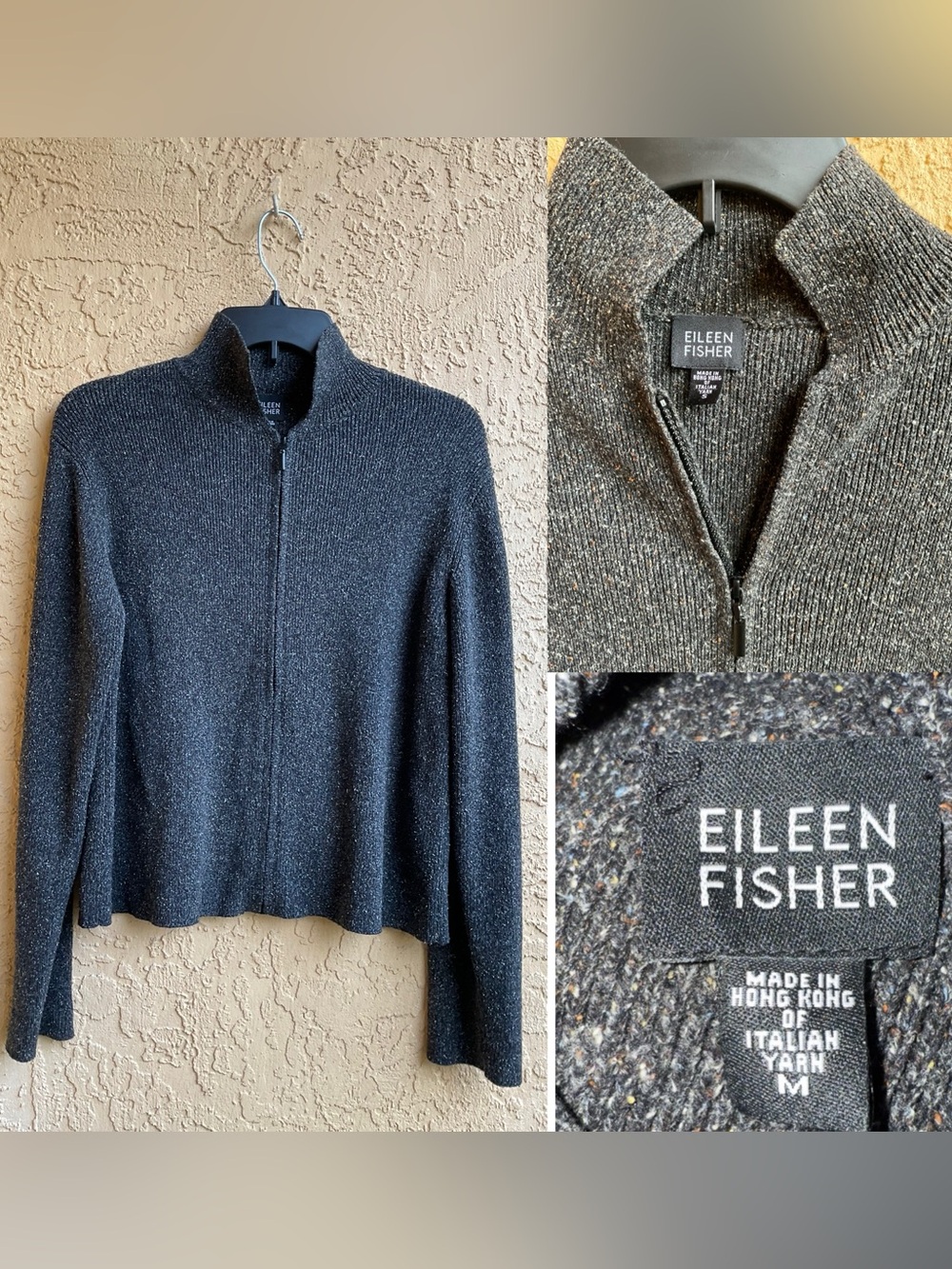 Eileen Fisher Italian Yarn Speckled Wool Silk Zip Cardigan Sweater S